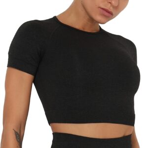 Lu's Chic Women's Sports Crop Tank Tops Knit Short Sleeve Shirts Slim Fit Activewear Knitted Cropped Yoga Workout Sports Running Crew Neck Gym Tshirts Black Small