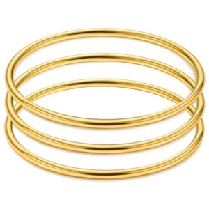 Daisy Bloom 18K Gold Plated Bangle Bracelet for Women / 3mm Thick Round Bangle Bracelet Set for Women, Set of 3,7.4 Inches 60MM