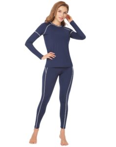 mancyfit thermal underwear for women long johns thermal sets contrast color stitching base layer women cold weather navy and white lines small