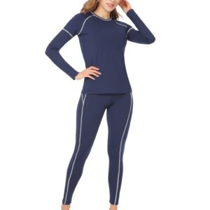 MANCYFIT Thermal Underwear for Women Long Johns Thermal Sets Contrast Color Stitching Base Layer Women Cold Weather Navy and White lines Small