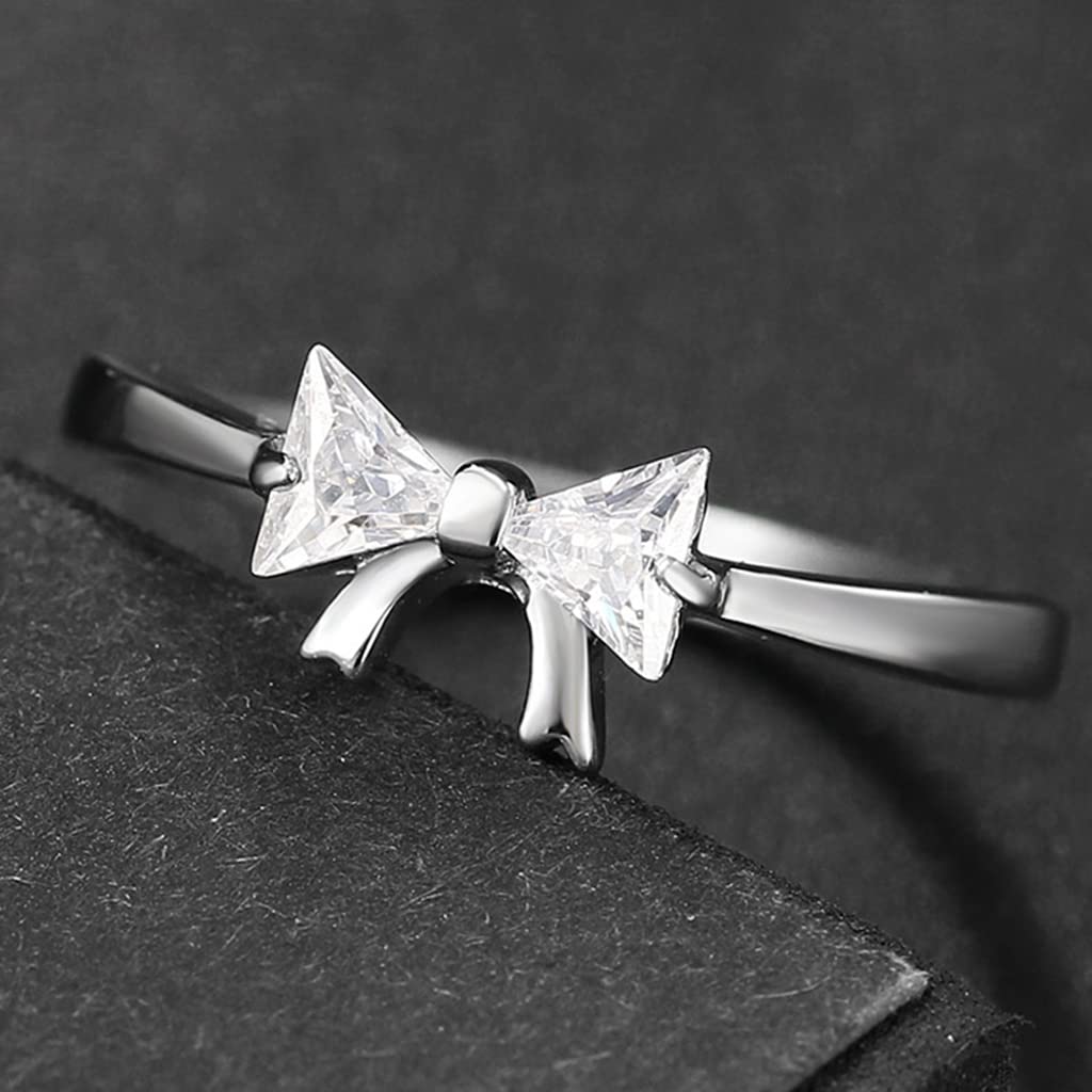 Eternllery Size 3-13 Stainless Steel Bows Tie Knotted Cubic Zircon Wedding Engagement Promise Anniversary Ring (Silver, 7)