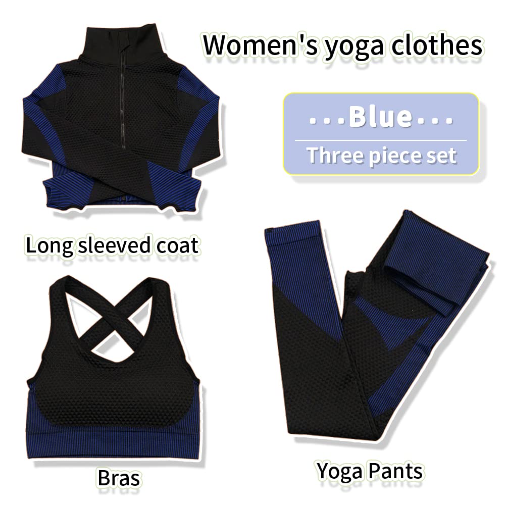 SINBRLAI Women's 3pcs Seamless Workout Outfits Sets, Yoga Sportswear Tracksuit Leggings and Stretch Sports Bra Fitness