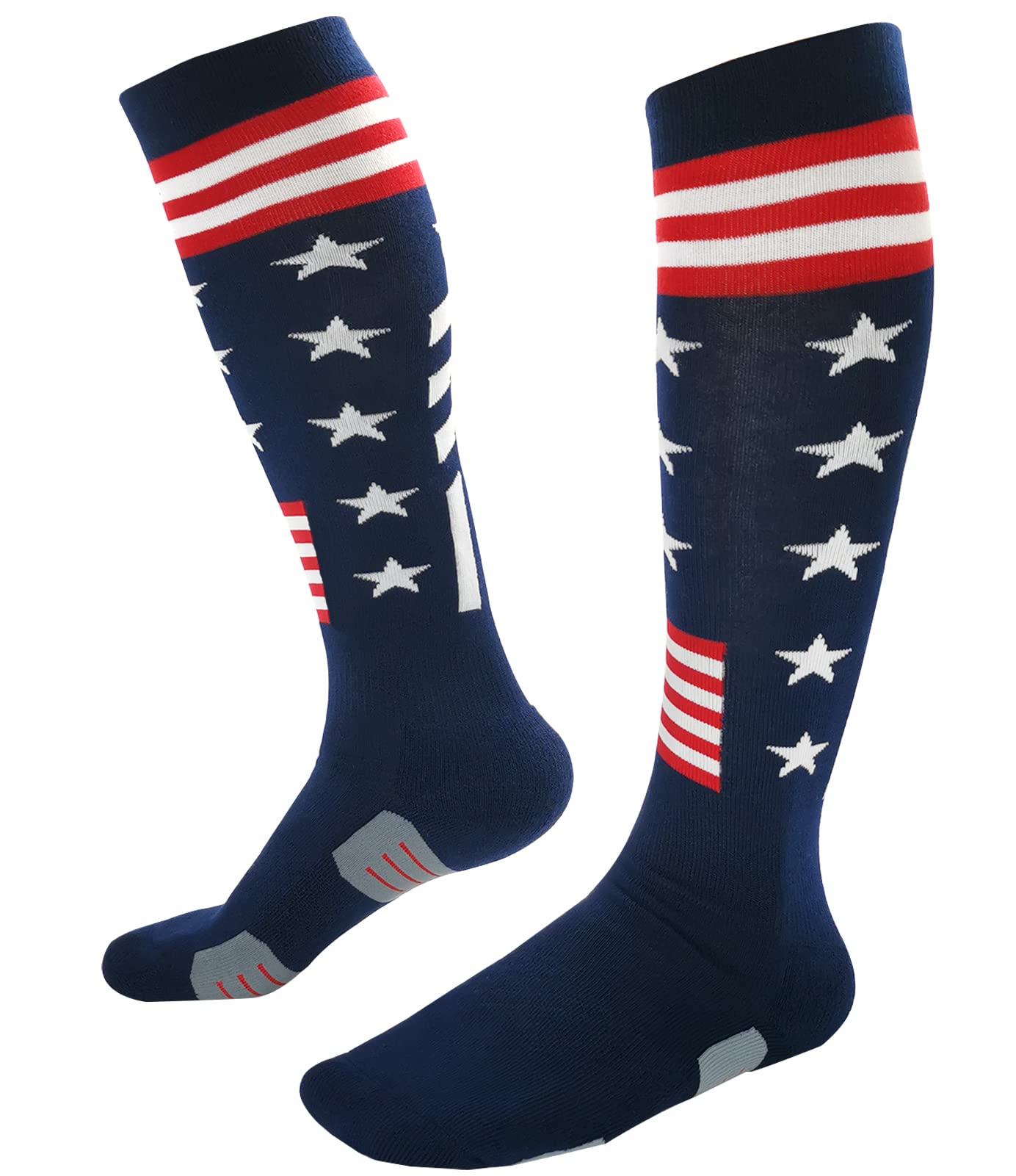 BUENWAZ Knee High American Flag Baseball Socks for Men Athletic Cushioned Patriotic Over the Calf Socks for Softball Football Soccer (Stars & Stripes)