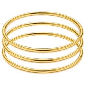 Daisy Bloom 18K Gold Plated Bangle Bracelet for Women / 3mm Thick Round Bangle Bracelet Set for Women, Set of 3,7.4 Inches 60MM