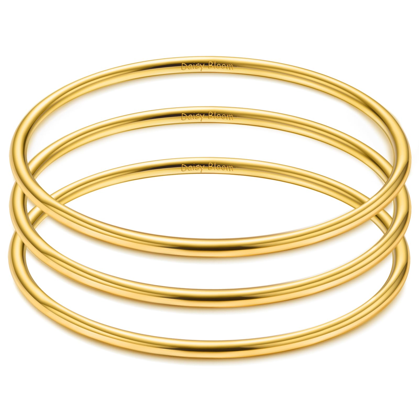 Daisy Bloom 18K Gold Plated Bangle Bracelet for Women / 3mm Thick Round Bangle Bracelet Set for Women, Set of 3,7.4 Inches 60MM