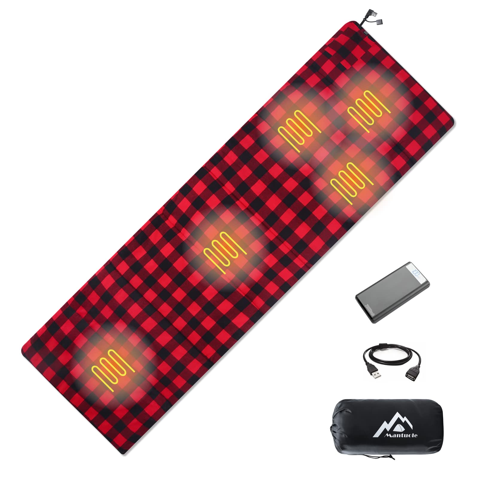 Mantuole Heated Sleeping Bag pad with 20000mah compatible battery pack, 5 Heating Zones, Compact Bag Included.