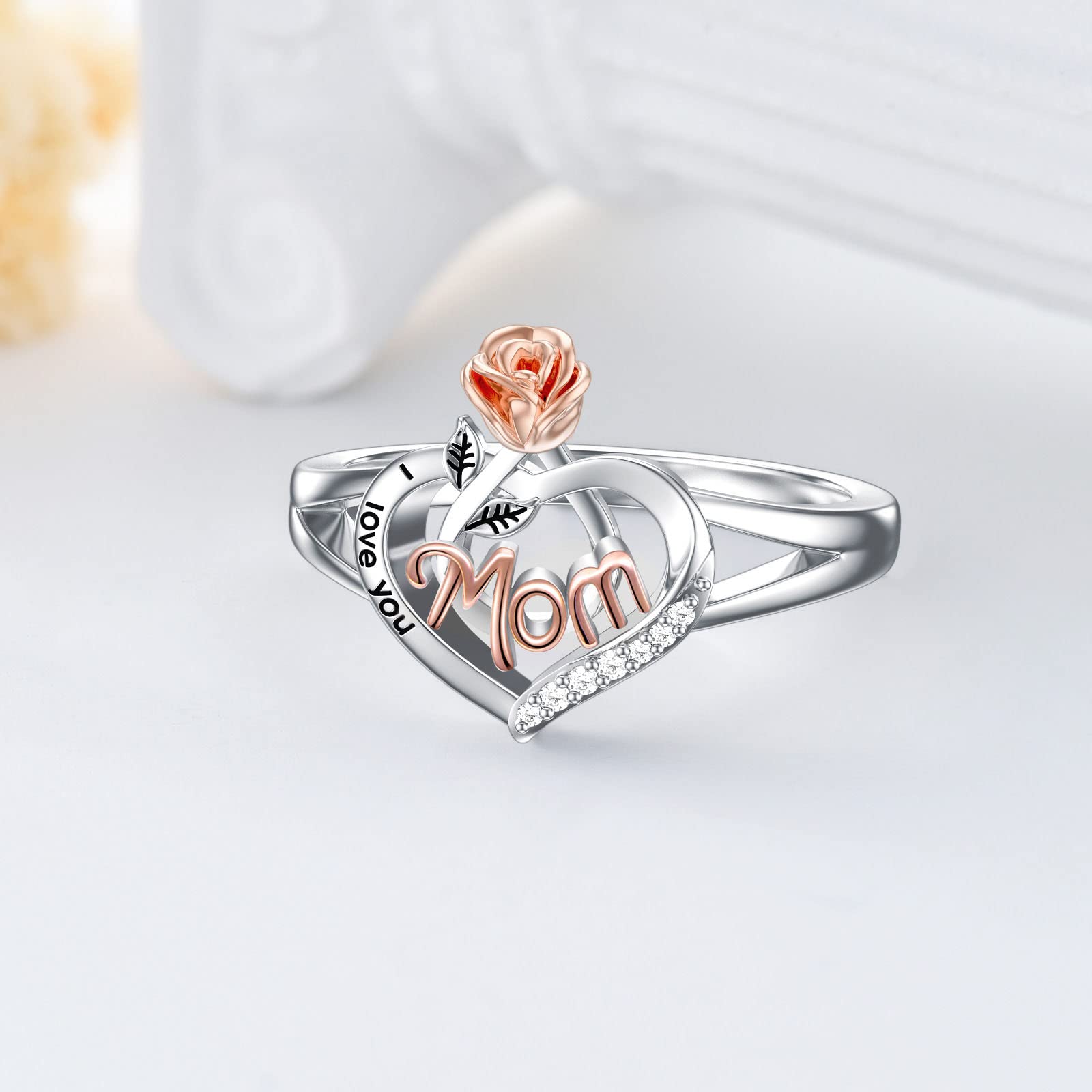 POPKIMI Mom Ring Gifts for Mom Best Gifts for Mom 925 Sterling Silver Jewelry I Love You Mom Ring Rose Flower Love Heart Ring for Women (9)