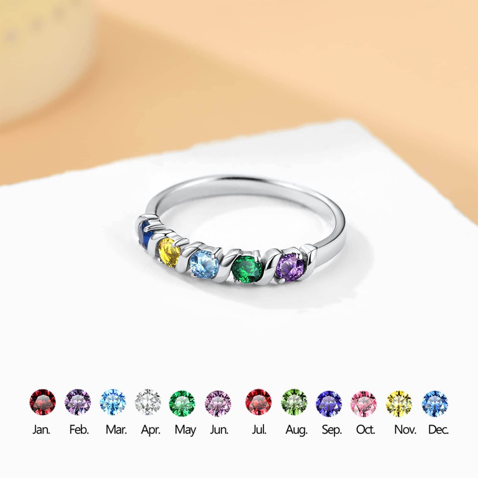 Custom4U Mother Name Rings with 5 Birthstones Customized Personalized Family Promise Sterling Silver Rings for Women Grandma