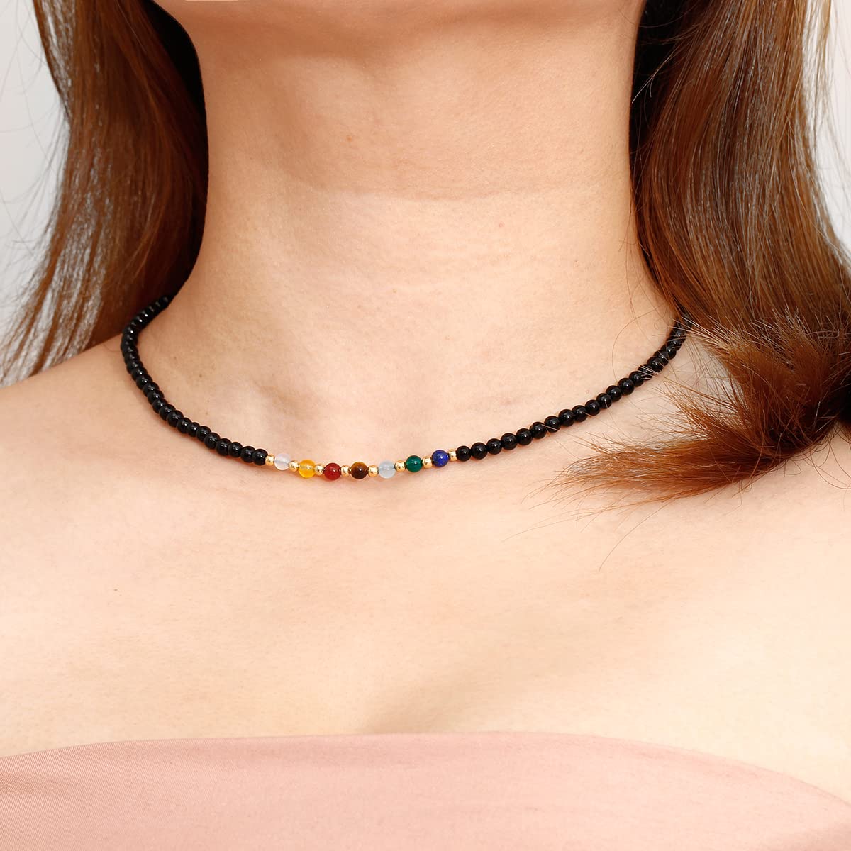 Jewever 7 Chakra Beaded Choker Necklace for Women Black Agate Healing Crystals and Gemstones Meditation Yoga Balance Jewelry