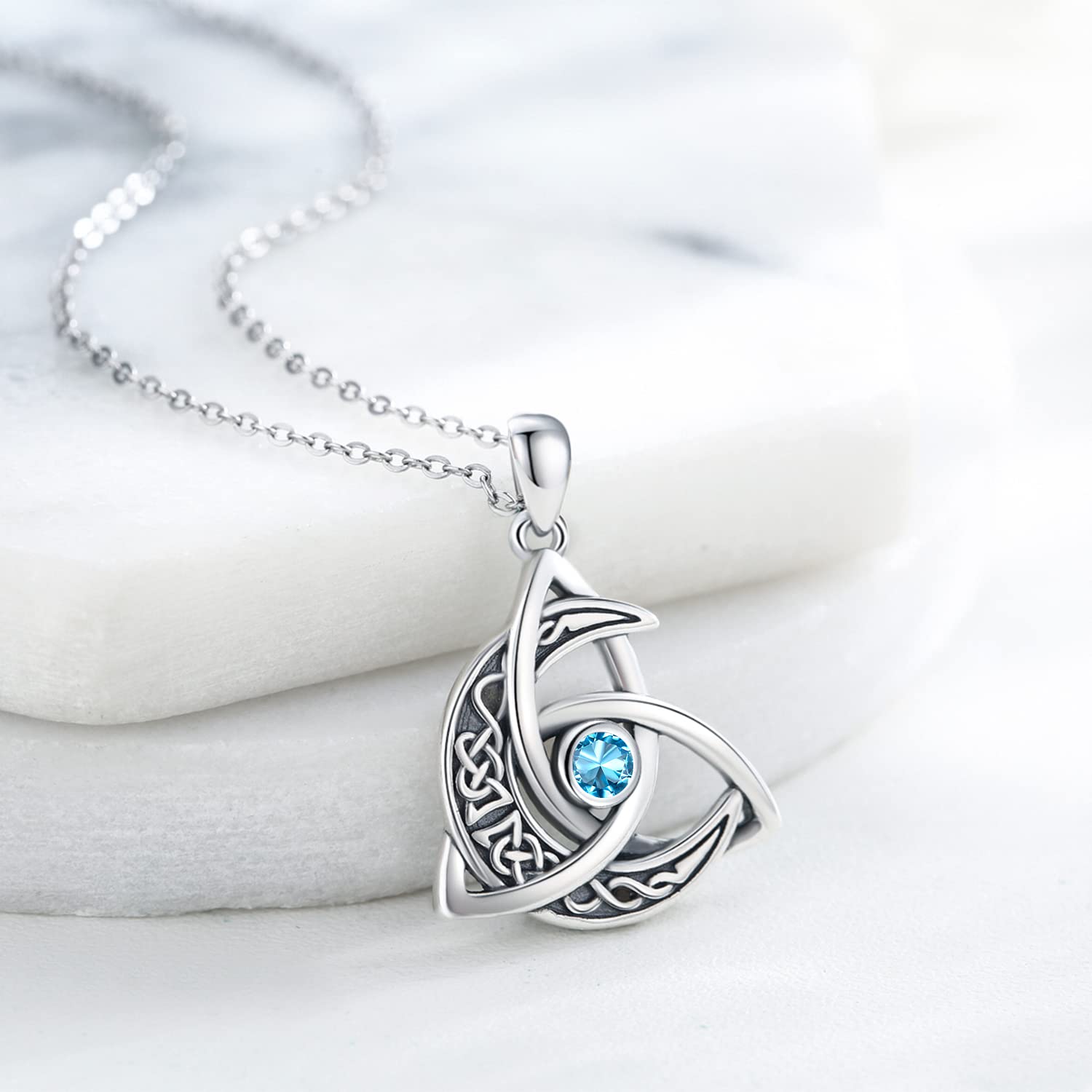 Celtic Moon Necklace 925 Sterling Silver Celtic Knot Pendant Necklace Trinity March Birthstone Aquamarine Necklace Irish Jewelry Gifts for Women Girls Daughter Mother Birthday Christmas