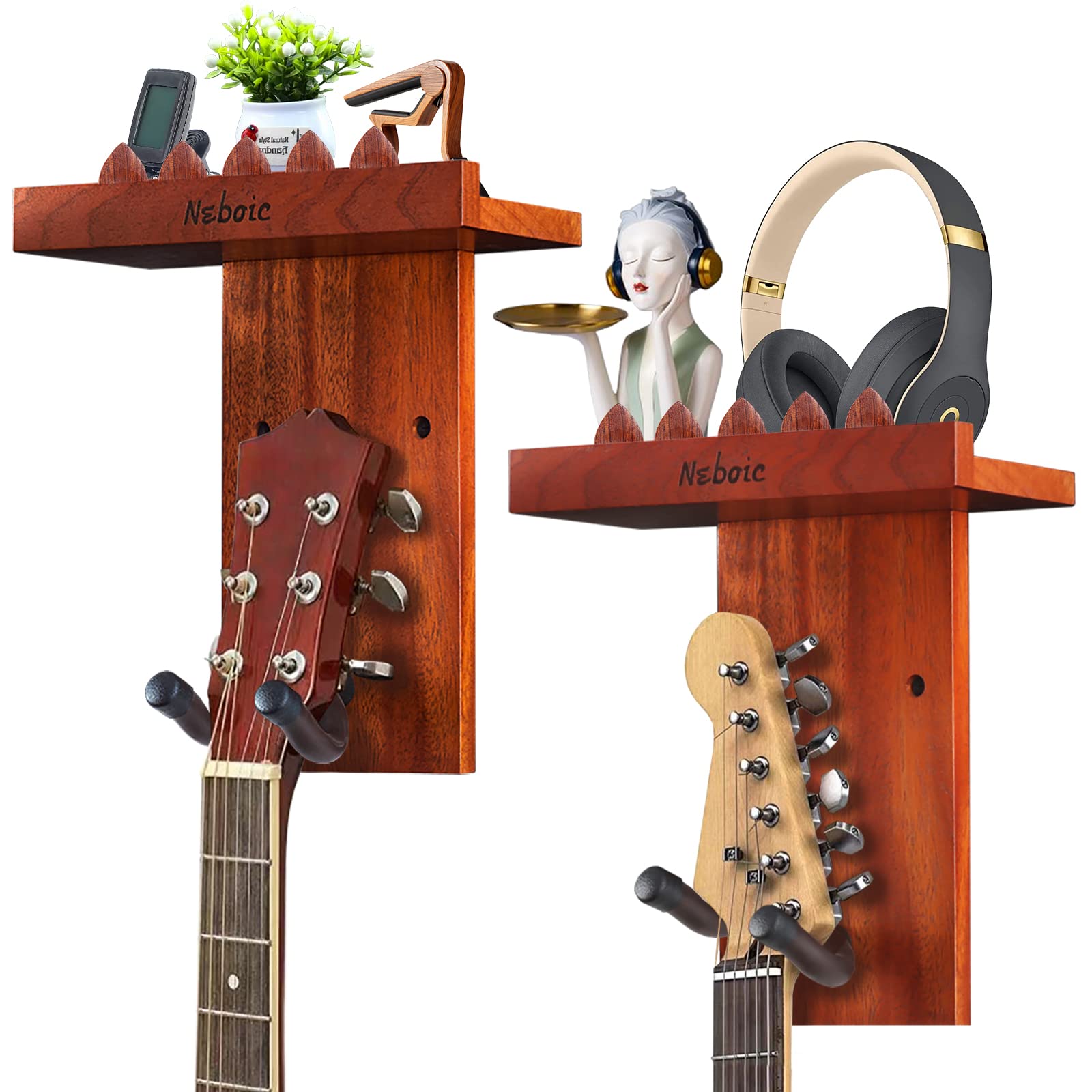 Neboic 2 Pack Guitar Wall Mount, Guitar Hanger with Wood Shelf, Guitar Hook, Guitar Holder for Acoustic Electric Bass Guitar Ukulele Banjo Mandolin