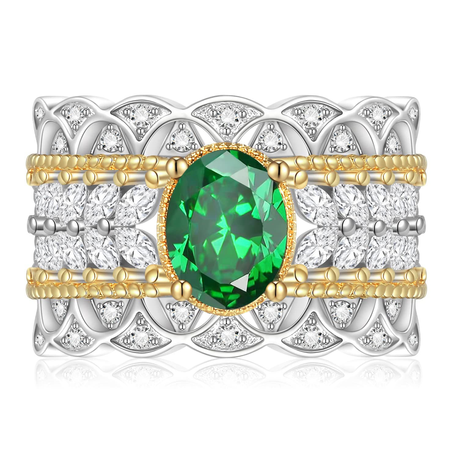 LYLYMIMI Emerald Ring for Women Vintage Adjustable Open rings Gem CZ Women's Ring (Silver)