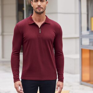 COOFANDY Men's Fitted T Shirts Long Sleeve Slim Fit Knitted Muscle Polo Shirts Stretch Pullover Shirts for Men Wine Red