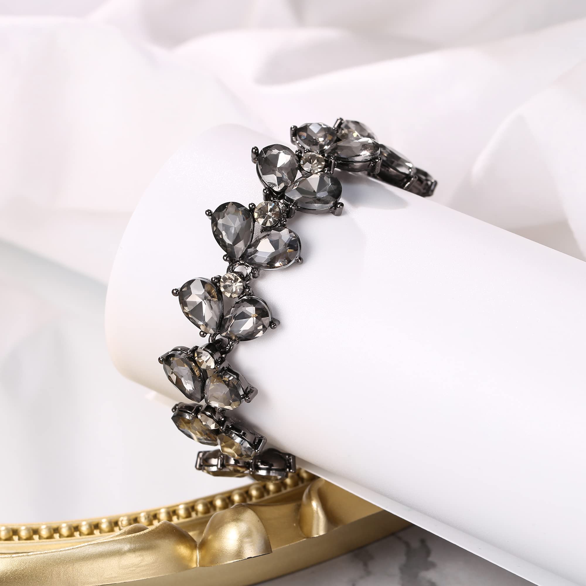 BriLove Wedding Bridal Crystal Rhinestone Multi Teardrop Bracelet for Women Party Prom Grey Black-Tone