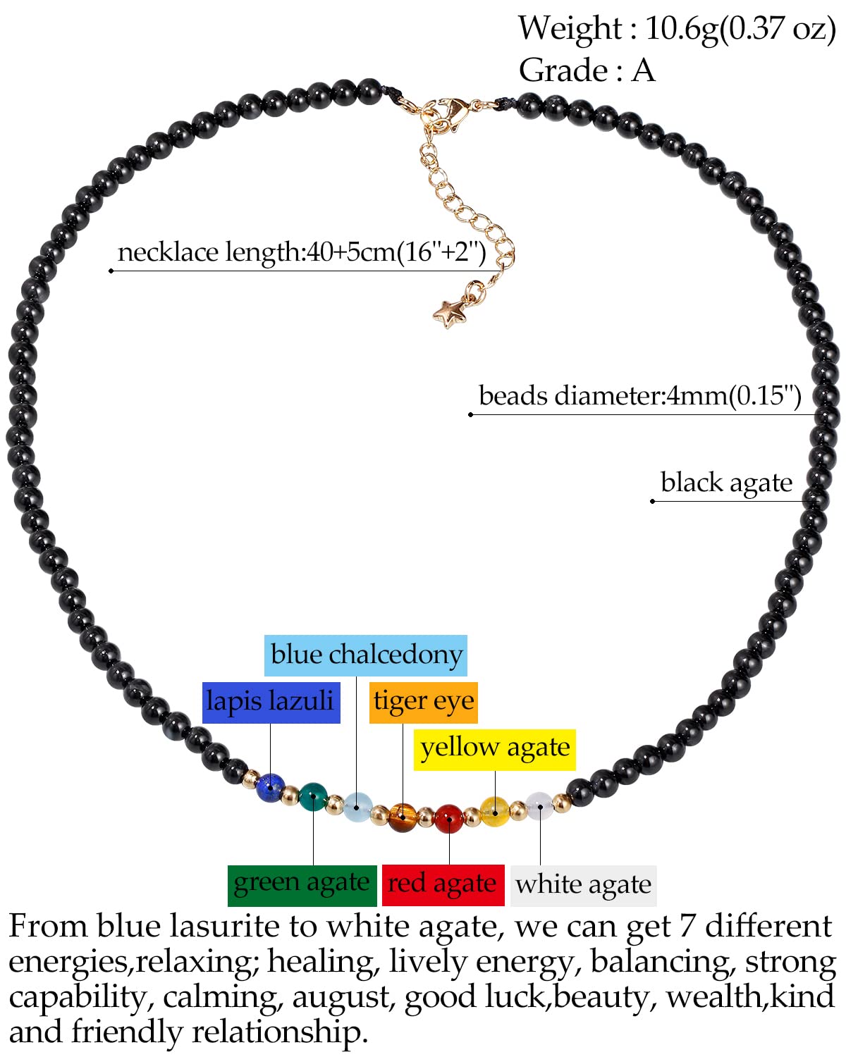 Jewever 7 Chakra Beaded Choker Necklace for Women Black Agate Healing Crystals and Gemstones Meditation Yoga Balance Jewelry