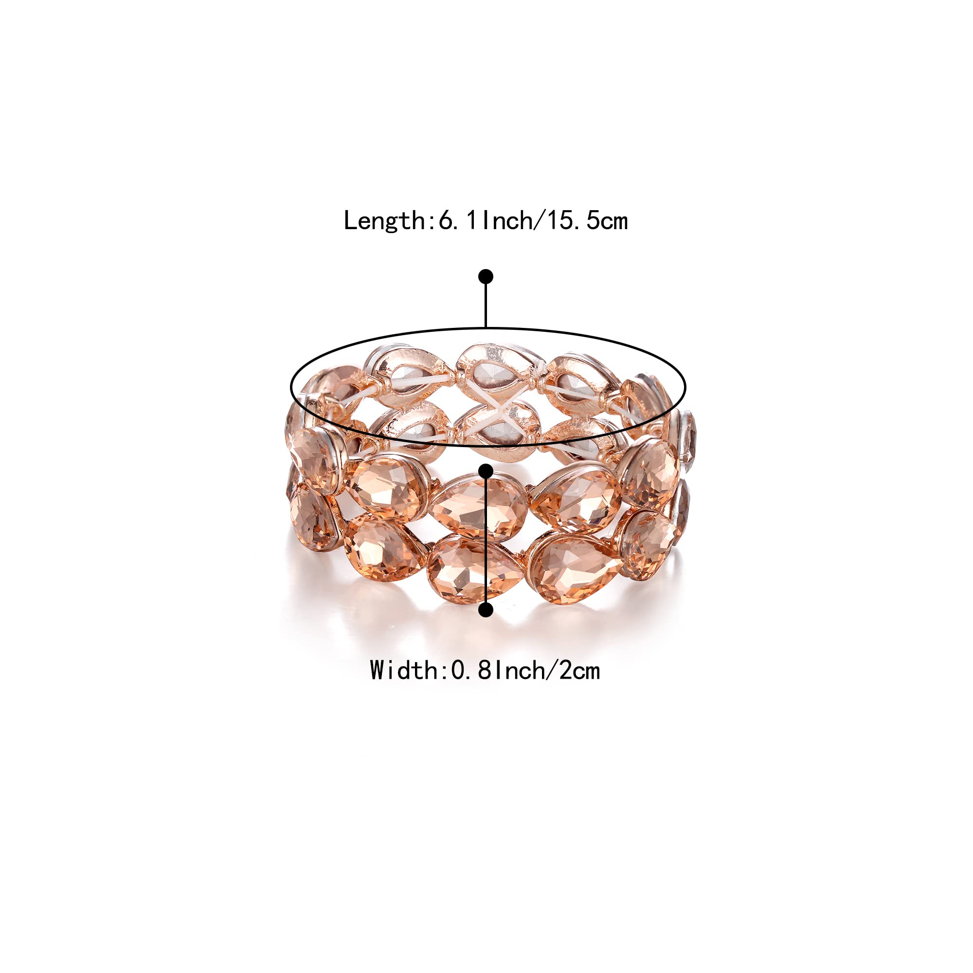 BriLove Wedding Bridal Elegant Crystal Double Row Teardrop Cluster Stretch Bangle Bracelet for Bride Peach Morganite Color Rose-Gold-tone