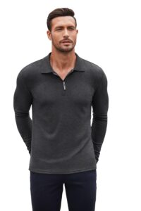 coofandy men's long sleeve 1/4 zip polo shirts slim fit basic designed muscle fit t shirts dark grey