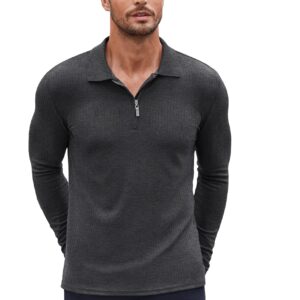 COOFANDY Men's Long Sleeve 1/4 Zip Polo Shirts Slim Fit Basic Designed Muscle Fit T Shirts Dark Grey