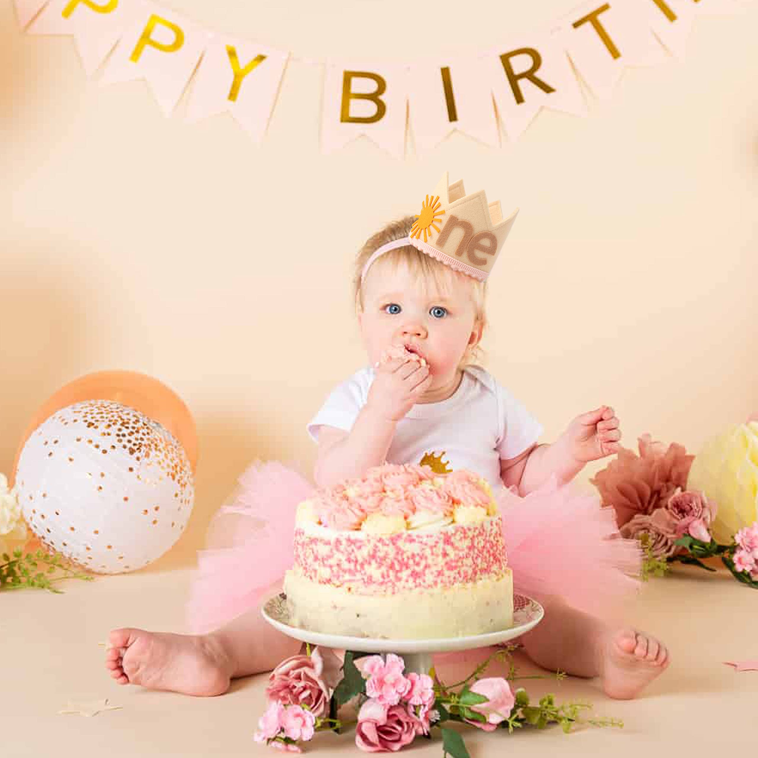 HUHJRUAR Boho Sun 1st Birthday Crown Hat - One Year Around The Sun Boho Sunshine First Party Decoration (SUN NE HAT)