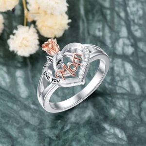 POPKIMI Mom Ring Gifts for Mom Best Gifts for Mom 925 Sterling Silver Jewelry I Love You Mom Ring Rose Flower Love Heart Ring for Women (9)