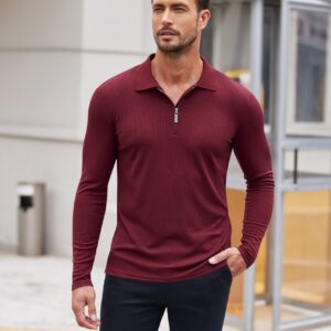 COOFANDY Men's Fitted T Shirts Long Sleeve Slim Fit Knitted Muscle Polo Shirts Stretch Pullover Shirts for Men Wine Red