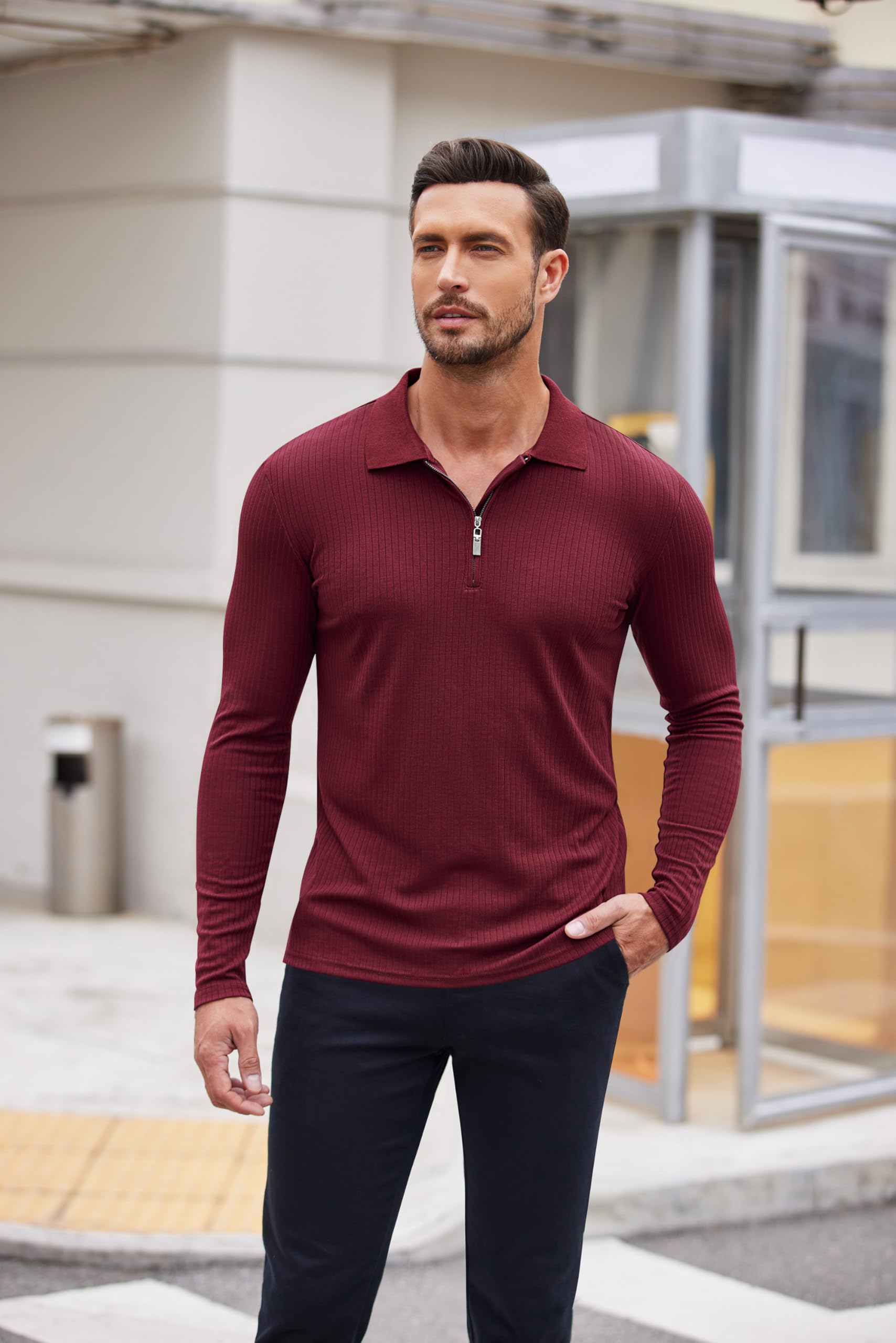 COOFANDY Men's Fitted T Shirts Long Sleeve Slim Fit Knitted Muscle Polo Shirts Stretch Pullover Shirts for Men Wine Red