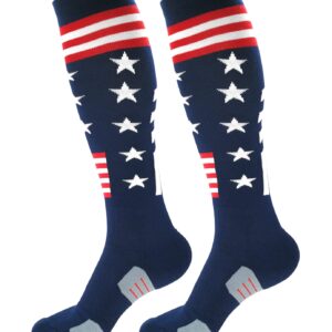 BUENWAZ Knee High American Flag Baseball Socks for Men Athletic Cushioned Patriotic Over the Calf Socks for Softball Football Soccer (Stars & Stripes)