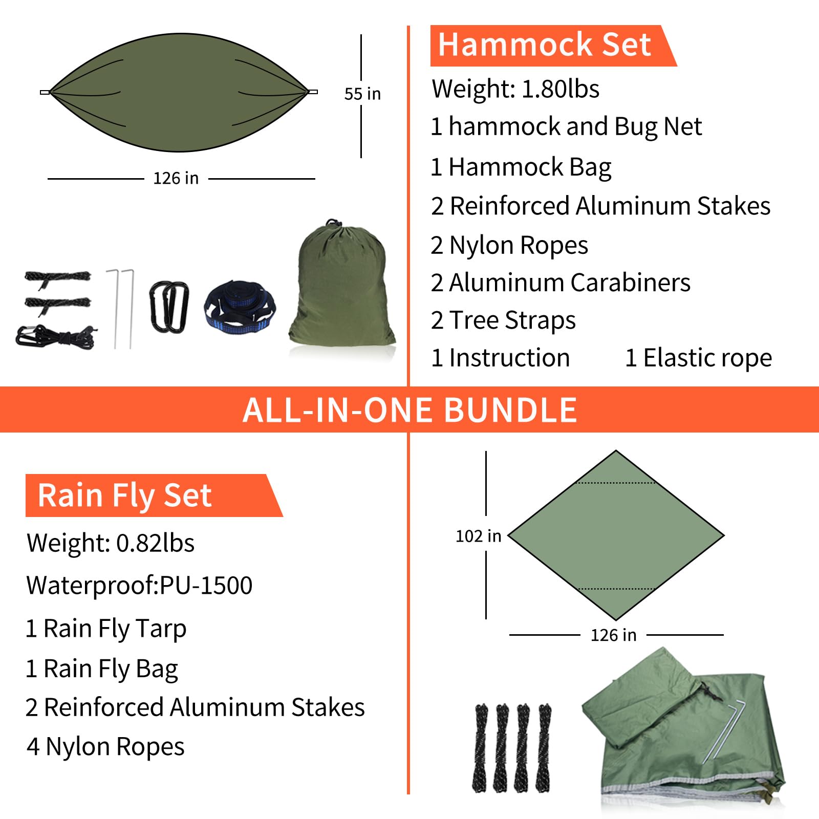 NewDoar Camping Hammock with Mosquito Net and Rain Fly Tarp,Portable Single Nylon Parachute Hammock Rainfly Set,Tree Straps Swing Hammock Bed for Outdoor Backpacking Backyard Hiking(ArmyGreen)