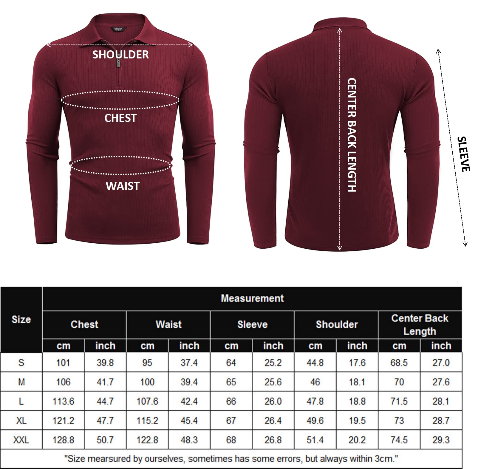 COOFANDY Men's Fitted T Shirts Long Sleeve Slim Fit Knitted Muscle Polo Shirts Stretch Pullover Shirts for Men Wine Red