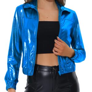 Allegra K Women's Holographic Shiny Party Christmas Long Sleeve Lightweight Zipper Metallic Jacket Medium Blue