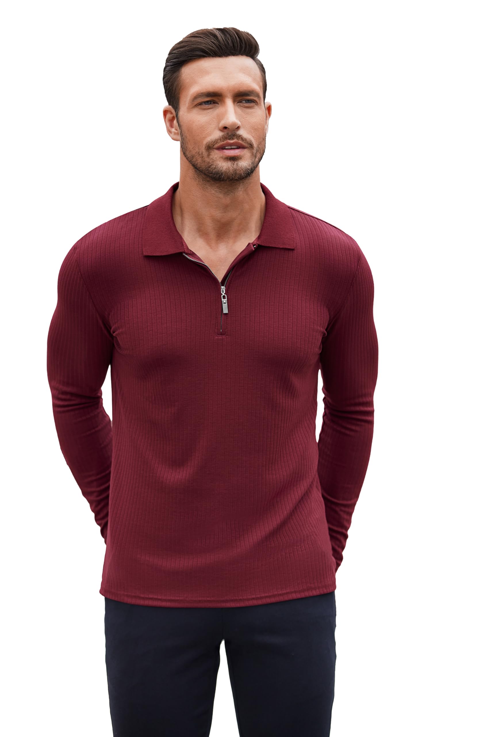 COOFANDY Men's Fitted T Shirts Long Sleeve Slim Fit Knitted Muscle Polo Shirts Stretch Pullover Shirts for Men Wine Red