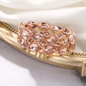 BriLove Wedding Bridal Elegant Crystal Double Row Teardrop Cluster Stretch Bangle Bracelet for Bride Peach Morganite Color Rose-Gold-tone