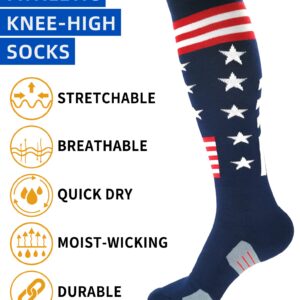 BUENWAZ Knee High American Flag Baseball Socks for Men Athletic Cushioned Patriotic Over the Calf Socks for Softball Football Soccer (Stars & Stripes)