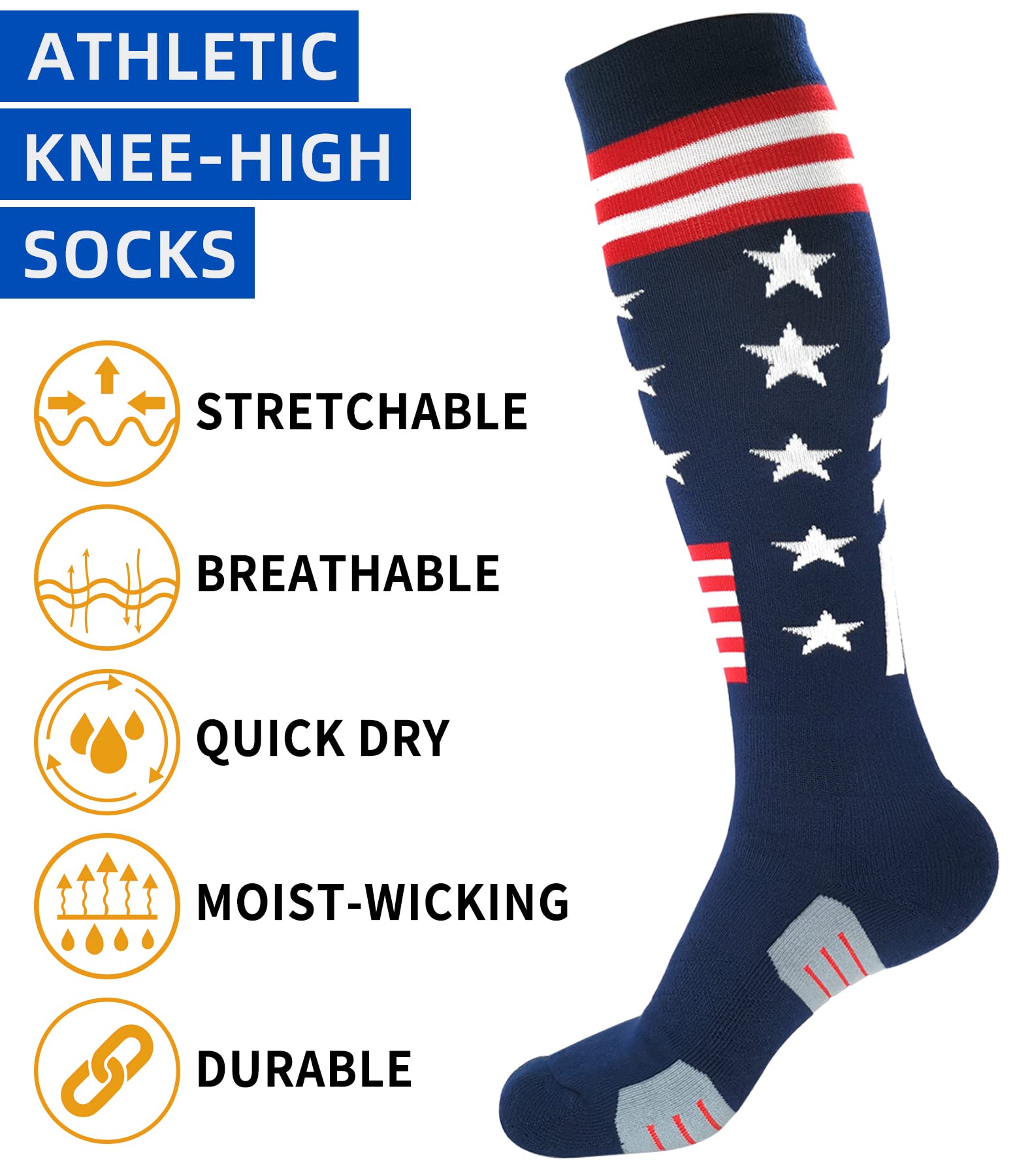 BUENWAZ Knee High American Flag Baseball Socks for Men Athletic Cushioned Patriotic Over the Calf Socks for Softball Football Soccer (Stars & Stripes)