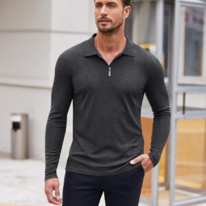 COOFANDY Men's Long Sleeve 1/4 Zip Polo Shirts Slim Fit Basic Designed Muscle Fit T Shirts Dark Grey