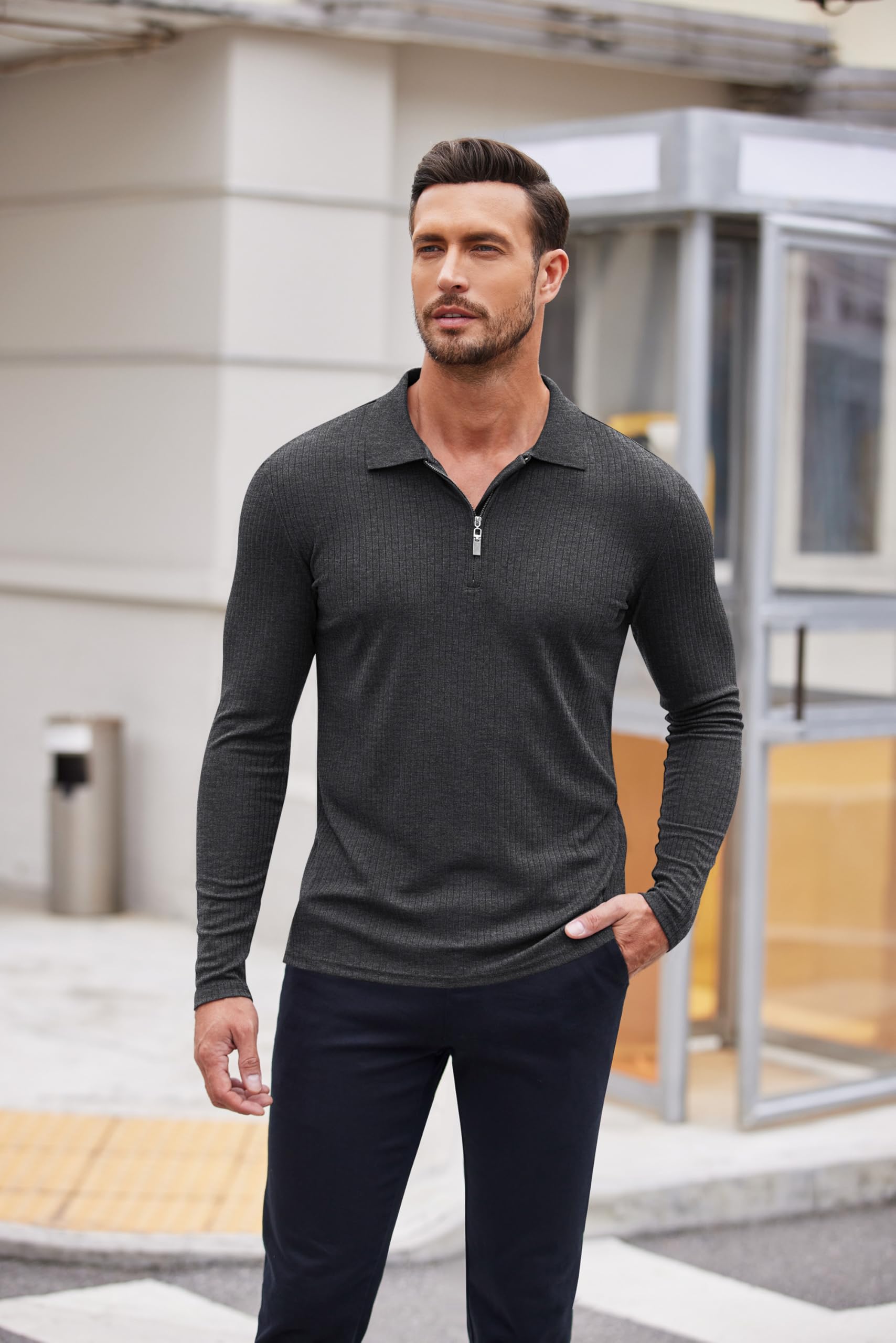 COOFANDY Men's Long Sleeve 1/4 Zip Polo Shirts Slim Fit Basic Designed Muscle Fit T Shirts Dark Grey