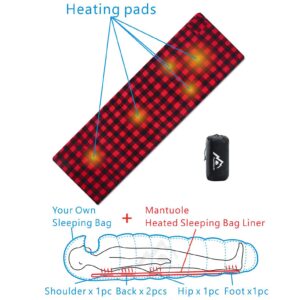 Mantuole Heated Sleeping Bag pad with 20000mah compatible battery pack, 5 Heating Zones, Compact Bag Included.