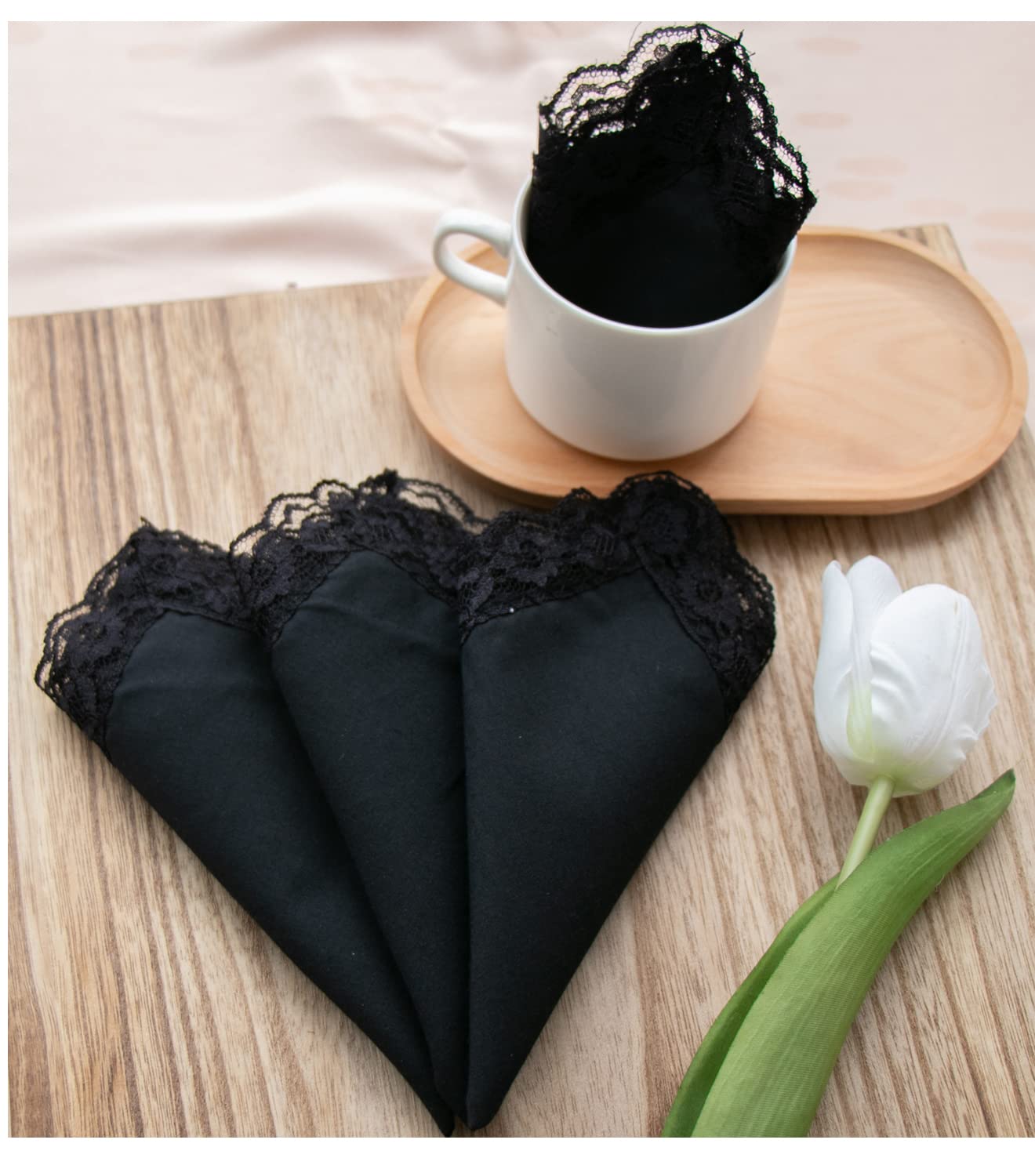 SrffbreMeOly Woemsn Handkerchiefs White Soft Cotton Embroidery Black Ladies Lace Hankies Black 3Pieces black One Size