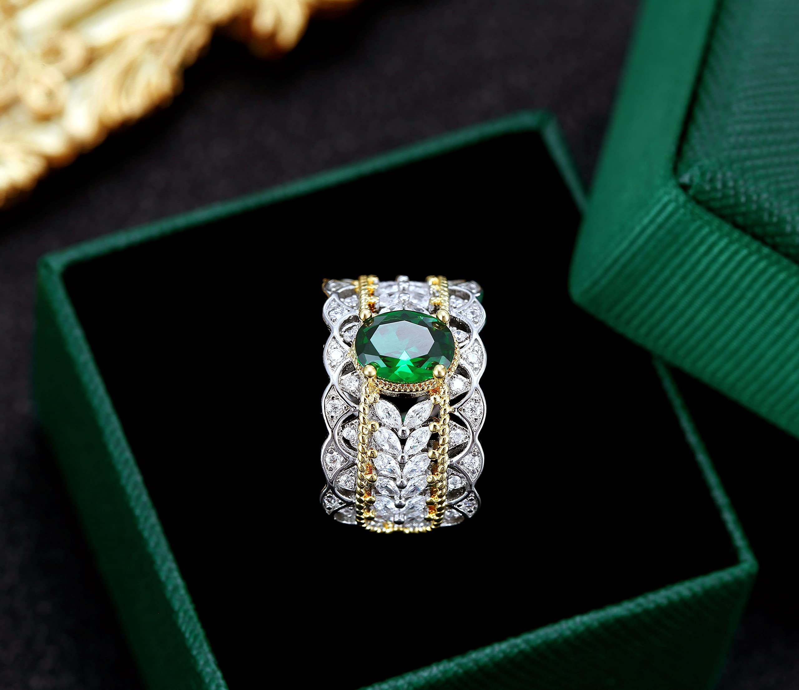 LYLYMIMI Emerald Ring for Women Vintage Adjustable Open rings Gem CZ Women's Ring (Silver)