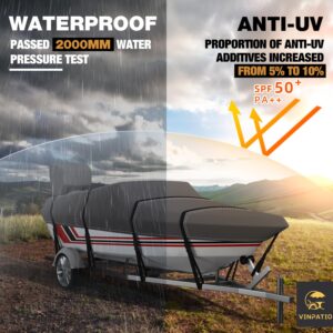 VINPATIO Trailerable Boat Cover, 600D Solution-Dyed Bass Boat Cover, 14-16 ft Heavy Duty 100% Waterproof Boat Covers Fits V-Hull Runabout Fishing Ski Pro-Style Bass Boats, Beam Width up to 68"