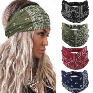 acenail wide headbands women knotted turban headband elastic non slip hairbands floral workout headbands yoga cotton hair scarfs boho head wraps fashion hair accessories for women 4pcs(bohemian)