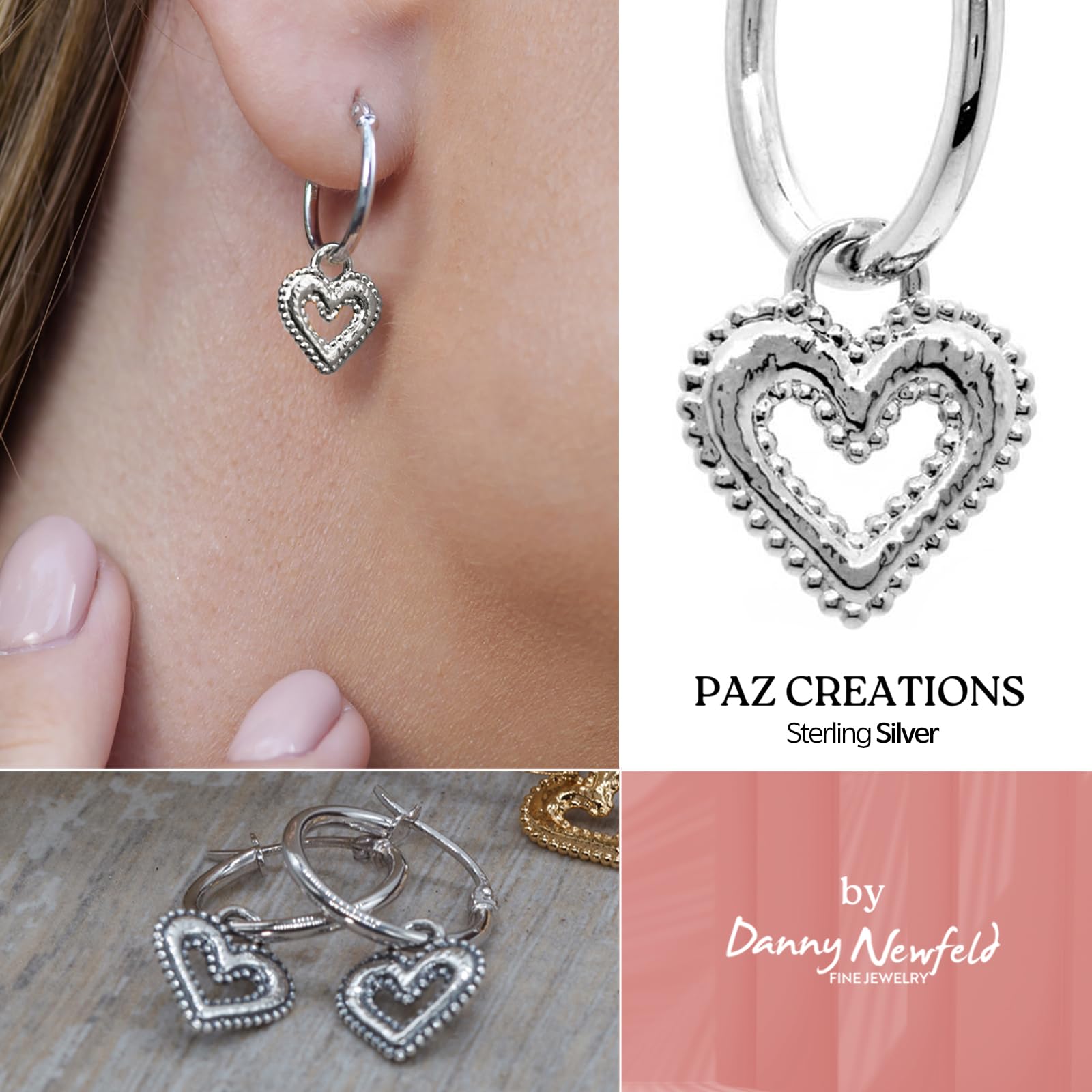 Paz Creations 925 Sterling Silver Earrings for Women - Small Hoop Earrings with Heart Charm, Hypoallergenic Sterling Silver Dangle Earrings for Women (Sterling Silver Charm)