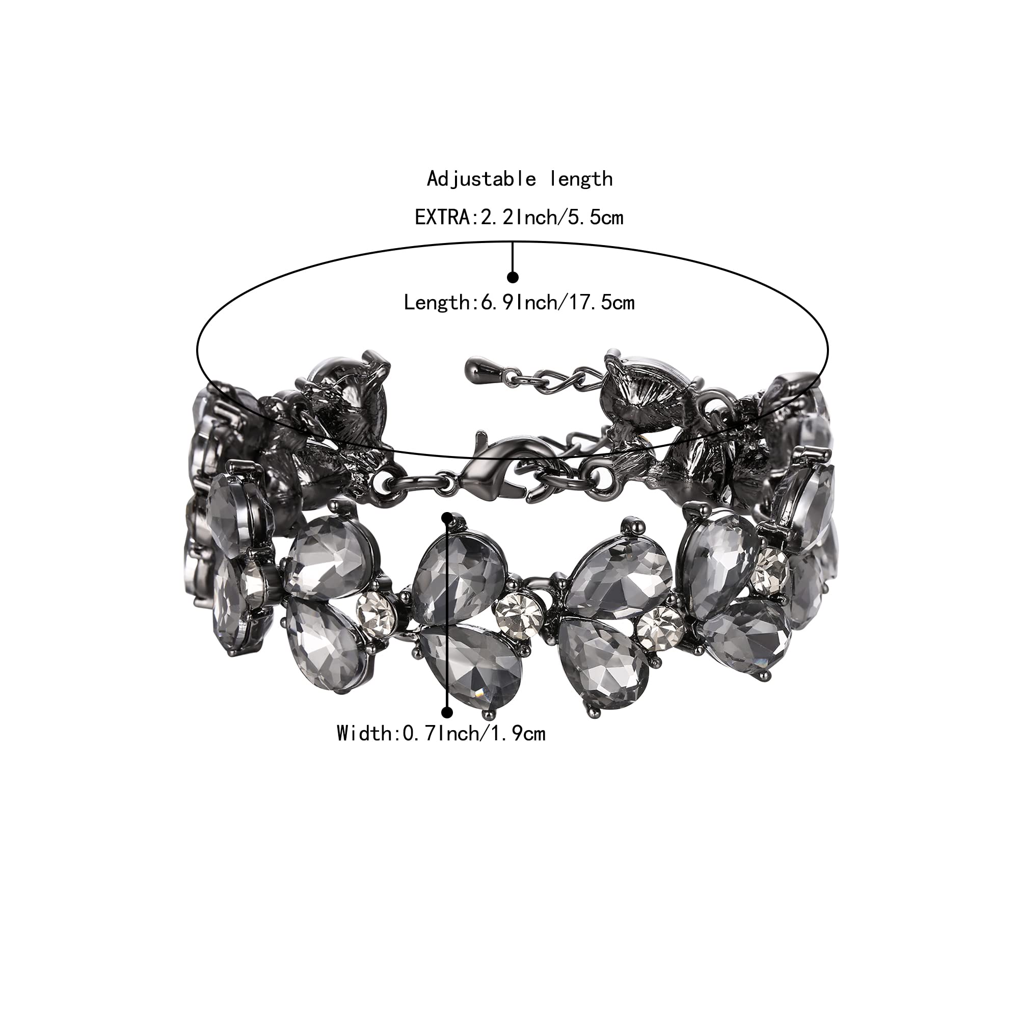 BriLove Wedding Bridal Crystal Rhinestone Multi Teardrop Bracelet for Women Party Prom Grey Black-Tone