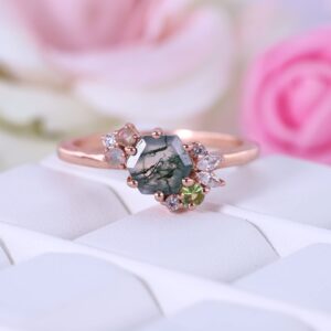 Moss Agate Peridot Opal And Diamond Cluster Ring Art Deco Engagement Ring Rose Gold Plated Gift For Wife BY KANISHKA GEMS JEWELS