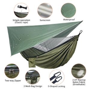 NewDoar Camping Hammock with Mosquito Net and Rain Fly Tarp,Portable Single Nylon Parachute Hammock Rainfly Set,Tree Straps Swing Hammock Bed for Outdoor Backpacking Backyard Hiking(ArmyGreen)