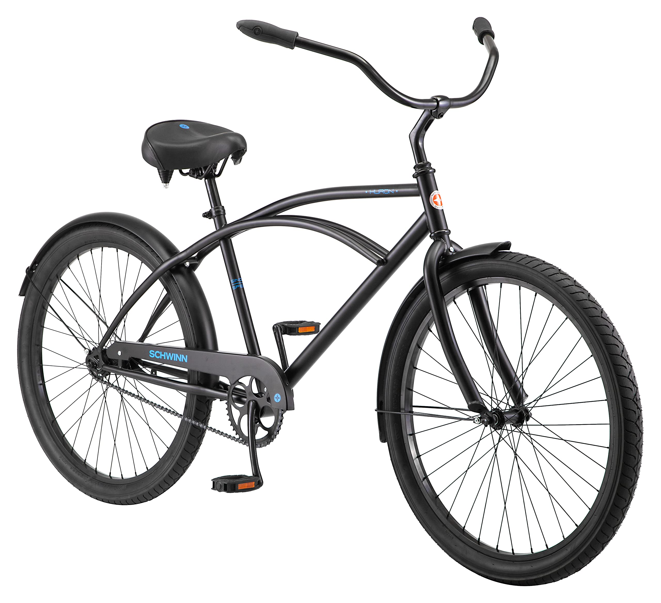 Schwinn Huron Beach Cruiser Bike for Adult, Single Speed, Coaster Brake, 26-Inch Wheels, 18-Inch Steel Frame, Full Front & Rear Fenders, Classic Handlebar, Black