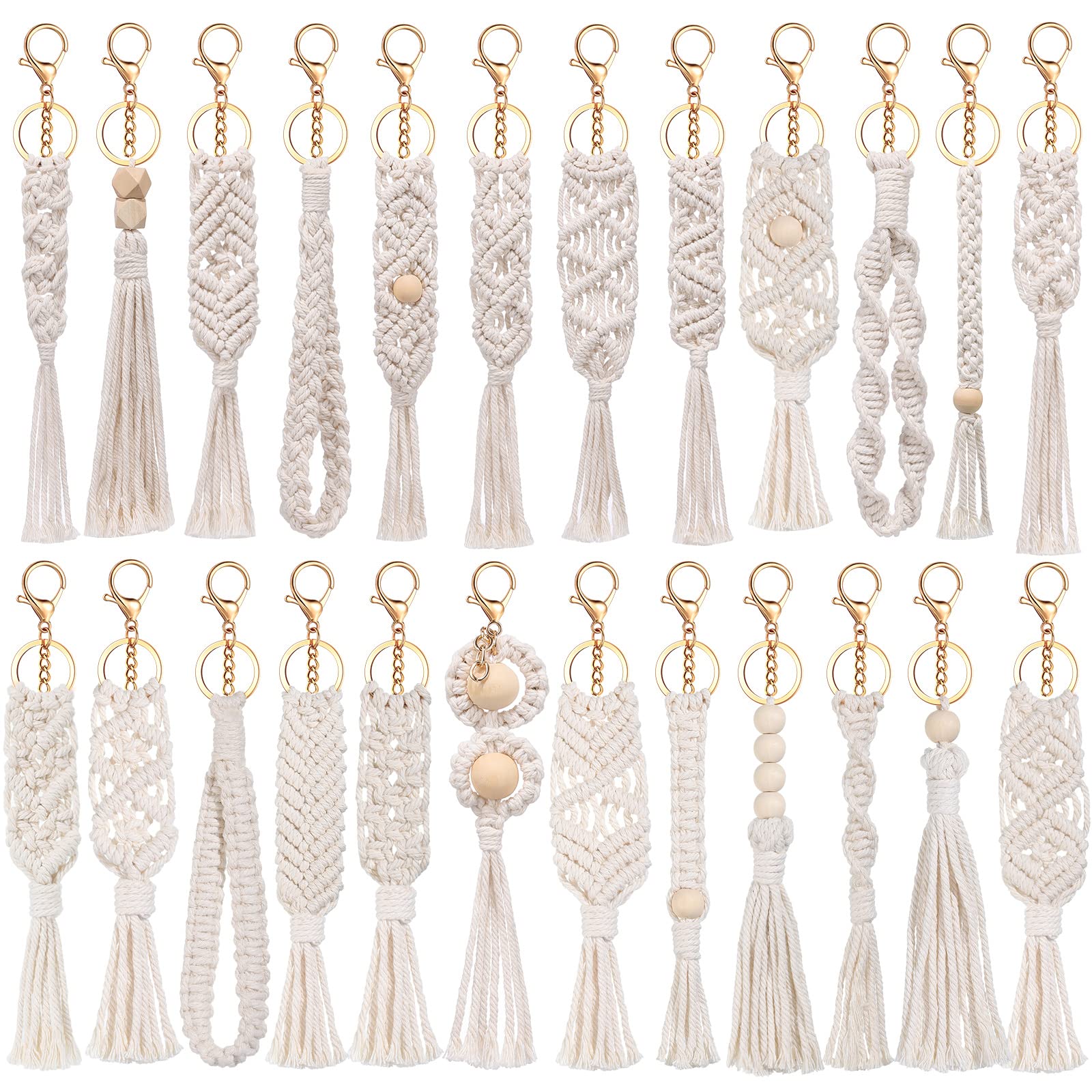 Nosiny 24 Pieces Boho Macrame Keychains Mini Cute Handcrafted Tassel Keychain Macrame Bag Charms Aesthetic Keychain with Tassel for Women Car Key Purse Phone Wallet Party Supplies, Beige