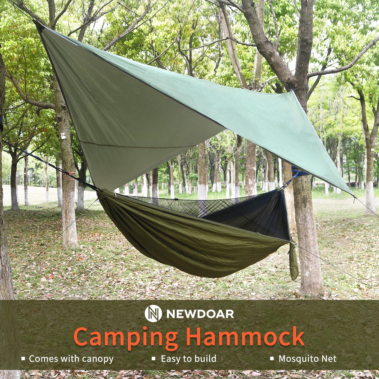 NewDoar Camping Hammock with Mosquito Net and Rain Fly Tarp,Portable Single Nylon Parachute Hammock Rainfly Set,Tree Straps Swing Hammock Bed for Outdoor Backpacking Backyard Hiking(ArmyGreen)