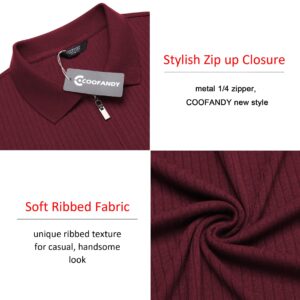 COOFANDY Men's Fitted T Shirts Long Sleeve Slim Fit Knitted Muscle Polo Shirts Stretch Pullover Shirts for Men Wine Red