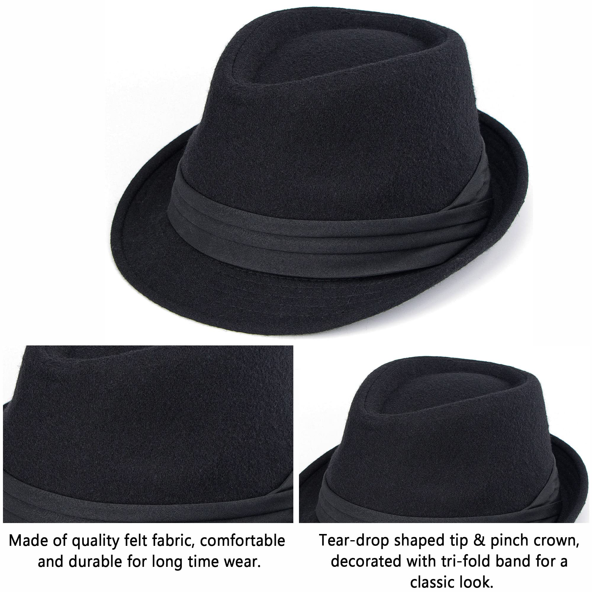 Men's Classic Short Brim Trilby Hat Gangster Fedora Wool Cap with Band (S/M) Black